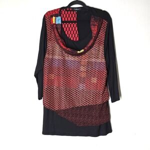 Calessa Boho Patchwork Tunic Top 2X Red Black Cowl Neck Stretch Knit Mixed Media